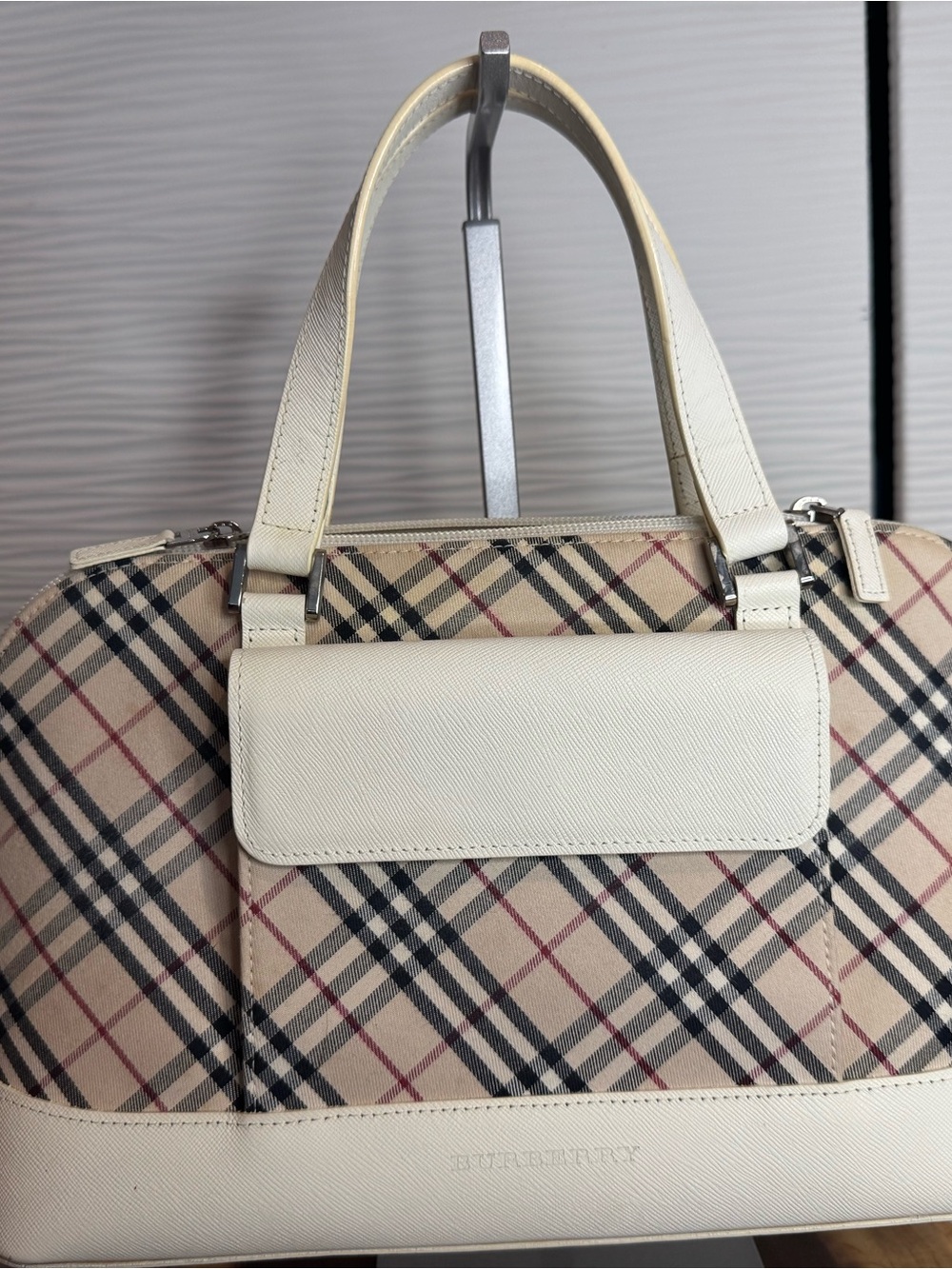 Beige Check Satchel with Cream Leather Trim